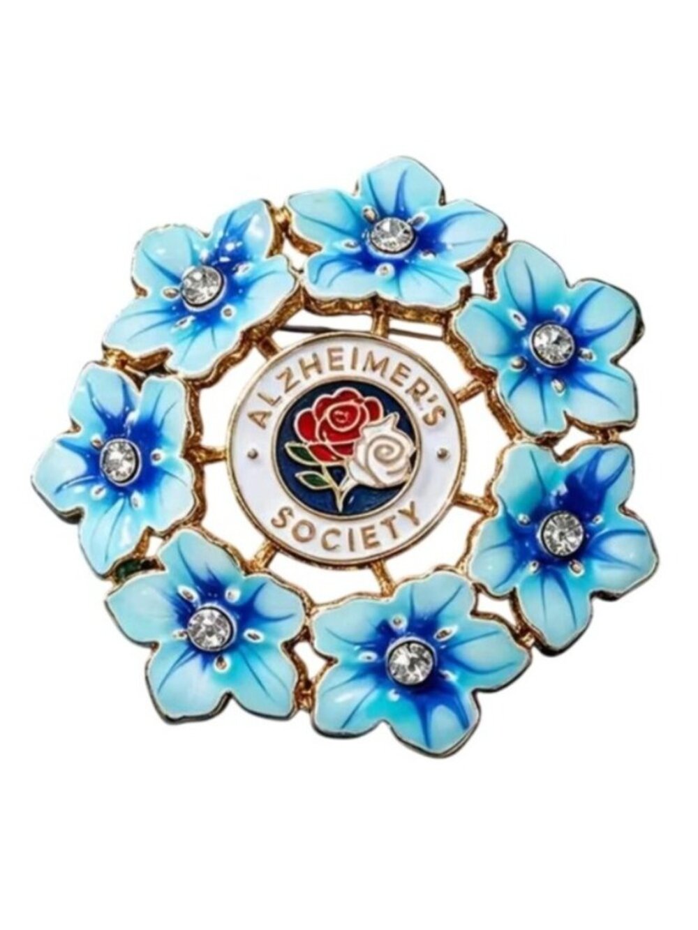 Alzheimers Society Blue Flower Enamel Brooch Pin With Rhinestones Gold-Tone